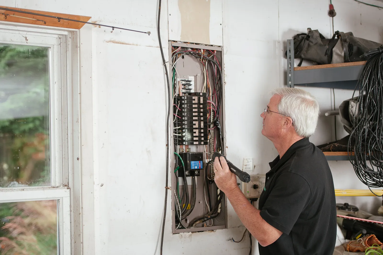Electrician inspecting a residential circuit breaker panel — illustrative stock photo, not an actual East Valley job site